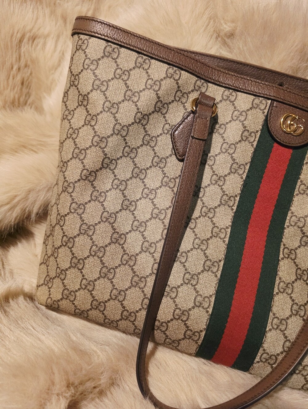 Gucci Ophidia Beige GG Canvas Tote with Brown Trim and Green-Red Web - Picture 2 of 16